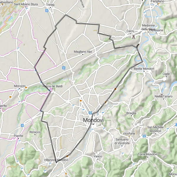 Miniatua del mapa de inspiración ciclista "Villanova Mondovì - Isola - Bastia Mondovì - Mondovì" en Piemonte, Italy. Generado por Tarmacs.app planificador de rutas ciclistas