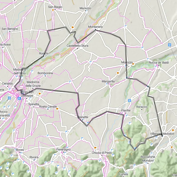 Miniatua del mapa de inspiración ciclista "Villanova-Caporali-Pianfei-Cuneo-Ronchi-Morozzo" en Piemonte, Italy. Generado por Tarmacs.app planificador de rutas ciclistas