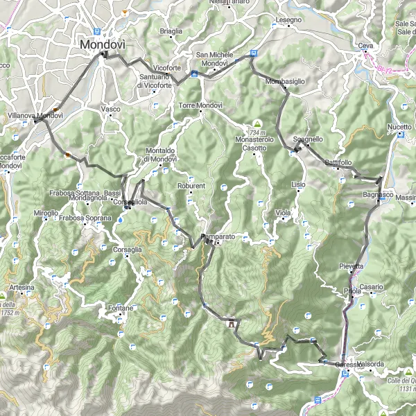 Miniatua del mapa de inspiración ciclista "Ruta en Carretera a Monte Cervetto y Vicoforte" en Piemonte, Italy. Generado por Tarmacs.app planificador de rutas ciclistas
