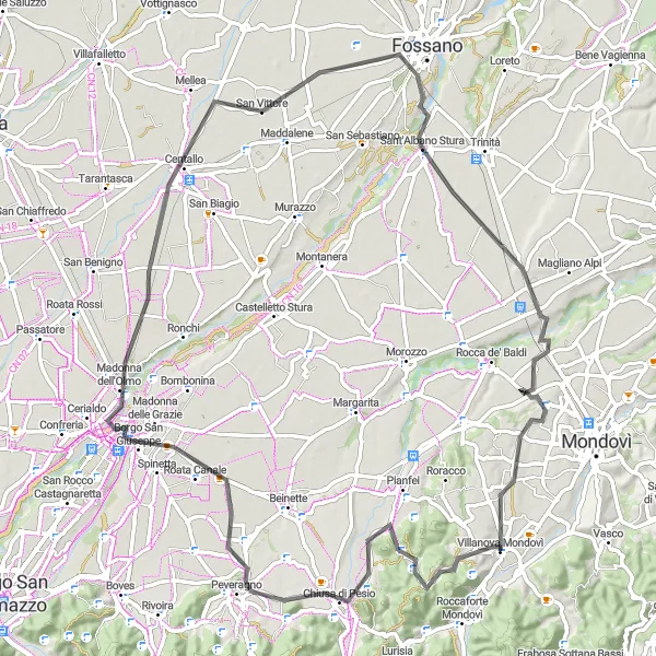 Miniature de la carte de l'inspiration cycliste "Boucle à travers la vallée de Cuneo" dans la Piemonte, Italy. Générée par le planificateur d'itinéraire cycliste Tarmacs.app