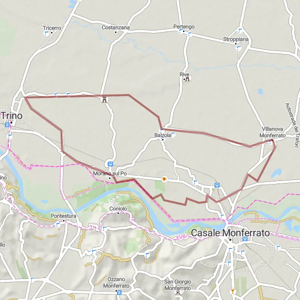 Miniaturní mapa "Villanova Monferrato - Robella - Morano sul Po - Cantone Il Rondo" inspirace pro cyklisty v oblasti Piemonte, Italy. Vytvořeno pomocí plánovače tras Tarmacs.app