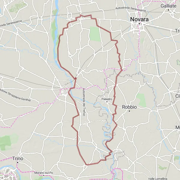 Miniaturní mapa "Gravelová trasa okolo Villanovy Monferrato" inspirace pro cyklisty v oblasti Piemonte, Italy. Vytvořeno pomocí plánovače tras Tarmacs.app