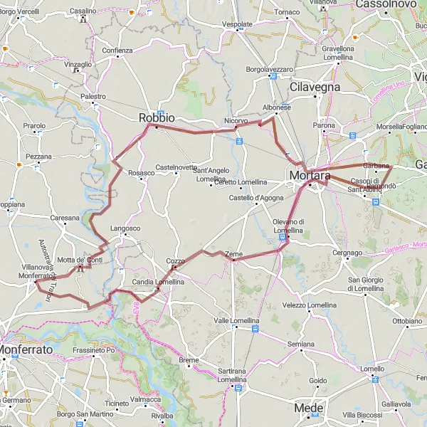 Miniaturní mapa "Venkovská gravelová trasa poblíž Villanovy Monferrato" inspirace pro cyklisty v oblasti Piemonte, Italy. Vytvořeno pomocí plánovače tras Tarmacs.app