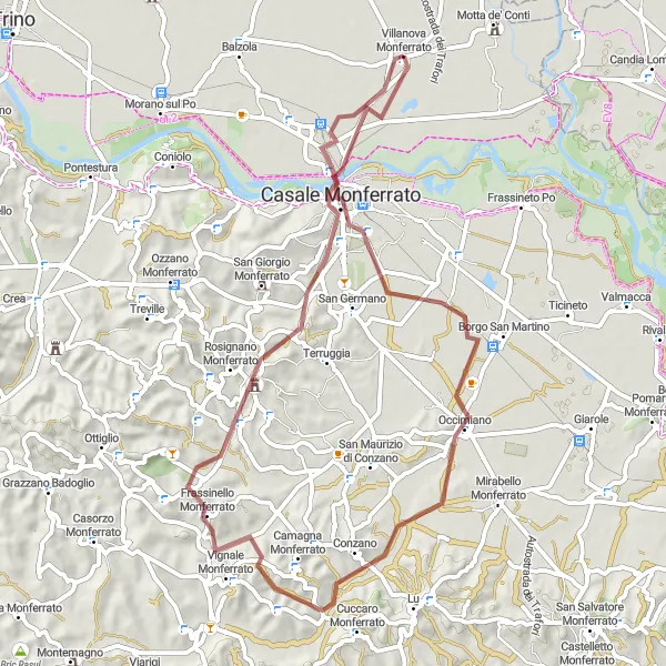 Mapa miniatúra "Gravelová jazda okolo Villanovy Monferrato" cyklistická inšpirácia v Piemonte, Italy. Vygenerované cyklistickým plánovačom trás Tarmacs.app