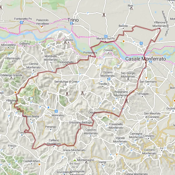 Zemljevid v pomanjšavi "Villanova Monferrato - Rosignano Monferrato Gravel Adventure" kolesarske inspiracije v Piemonte, Italy. Generirano z načrtovalcem kolesarskih poti Tarmacs.app