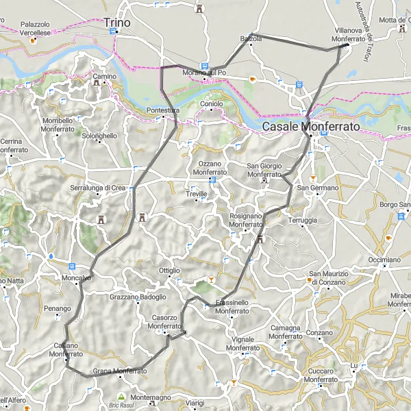 Karttaminiaatyyri "Villanova Monferrato - Casale Monferrato - Frassinello Monferrato - Morano sul Po" pyöräilyinspiraatiosta alueella Piemonte, Italy. Luotu Tarmacs.app pyöräilyreittisuunnittelijalla