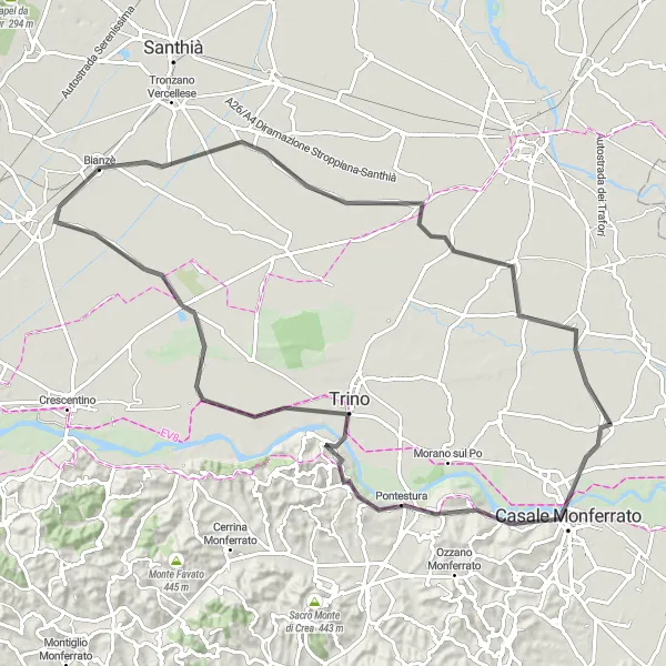 Miniatua del mapa de inspiración ciclista "Ruta de Coniolo y Trino" en Piemonte, Italy. Generado por Tarmacs.app planificador de rutas ciclistas