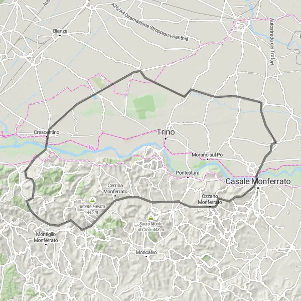 Karten-Miniaturansicht der Radinspiration "Hügeliges Abenteuer durch Ozzano Monferrato und Tricerro" in Piemonte, Italy. Erstellt vom Tarmacs.app-Routenplaner für Radtouren