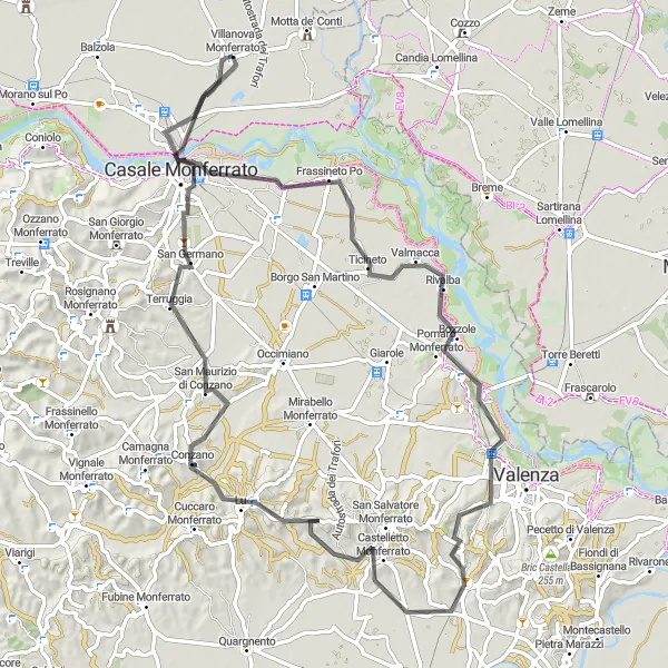 Miniaturní mapa "Cyklistická trasa kolem Villanovy Monferrato" inspirace pro cyklisty v oblasti Piemonte, Italy. Vytvořeno pomocí plánovače tras Tarmacs.app