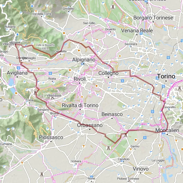 Miniaturní mapa "Gravelová trasa okolo Villar Dora" inspirace pro cyklisty v oblasti Piemonte, Italy. Vytvořeno pomocí plánovače tras Tarmacs.app