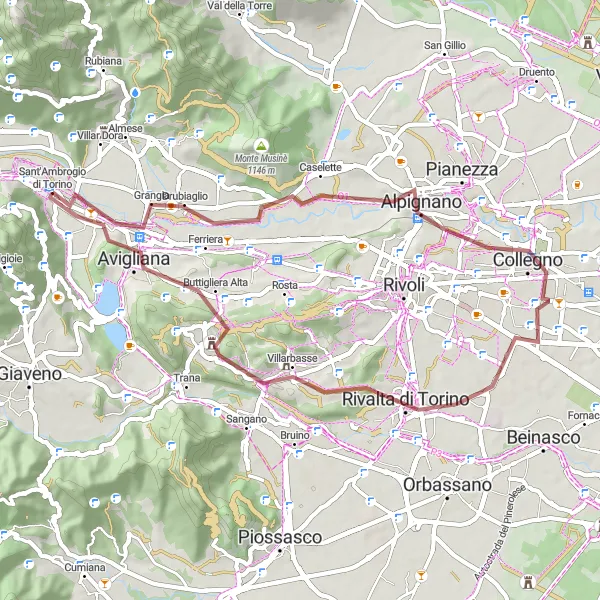 Kartminiatyr av "Grusvei sykkeltur nær Villar Dora" sykkelinspirasjon i Piemonte, Italy. Generert av Tarmacs.app sykkelrutoplanlegger