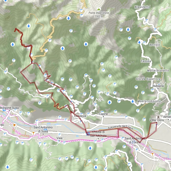 Mapa miniatúra "Výzva v okolí Villar Dora" cyklistická inšpirácia v Piemonte, Italy. Vygenerované cyklistickým plánovačom trás Tarmacs.app