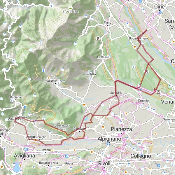 Kartminiatyr av "Grusvägscykling runt Villar Dora" cykelinspiration i Piemonte, Italy. Genererad av Tarmacs.app cykelruttplanerare