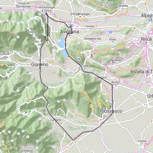 Miniaturní mapa "Trasa kolem Villar Dora" inspirace pro cyklisty v oblasti Piemonte, Italy. Vytvořeno pomocí plánovače tras Tarmacs.app