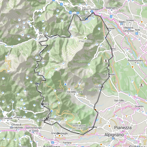 Zemljevid v pomanjšavi "Cikel po gorah Južnega Tirolskega" kolesarske inspiracije v Piemonte, Italy. Generirano z načrtovalcem kolesarskih poti Tarmacs.app
