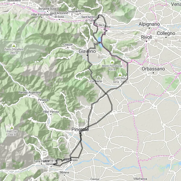 Mapa miniatúra "Avigliana to Rocce Rosse Round Trip" cyklistická inšpirácia v Piemonte, Italy. Vygenerované cyklistickým plánovačom trás Tarmacs.app