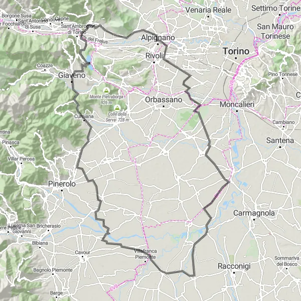 Kartminiatyr av "Villafranca Piemonte Loop" cykelinspiration i Piemonte, Italy. Genererad av Tarmacs.app cykelruttplanerare