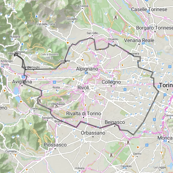 Miniatuurkaart van de fietsinspiratie "Rondje rond Villar Dora via Caselette, Monte Calvo en Beinasco" in Piemonte, Italy. Gemaakt door de Tarmacs.app fietsrouteplanner