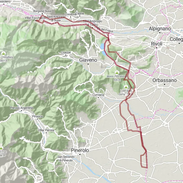 Map miniature of "Gravel Adventure through Villar Focchiardo" cycling inspiration in Piemonte, Italy. Generated by Tarmacs.app cycling route planner