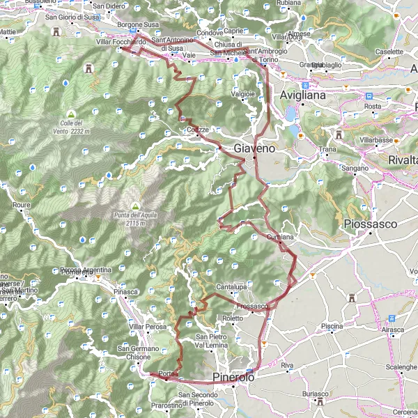 Miniaturní mapa "Extrémní gravelový okruh Borgone Susa" inspirace pro cyklisty v oblasti Piemonte, Italy. Vytvořeno pomocí plánovače tras Tarmacs.app