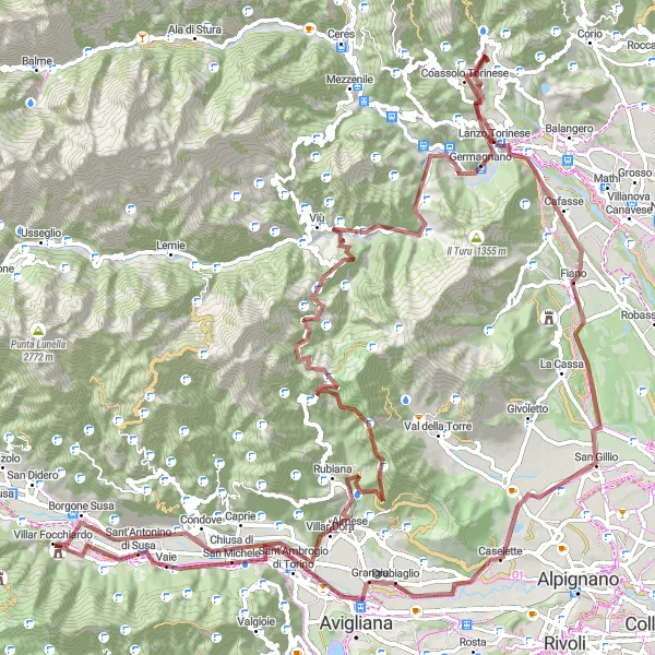 Map miniature of "Gravel Adventures through Villar Focchiardo" cycling inspiration in Piemonte, Italy. Generated by Tarmacs.app cycling route planner