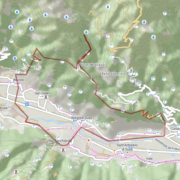 Miniatuurkaart van de fietsinspiratie "Korte Gravelroute van Villar Focchiardo naar Maffiotto" in Piemonte, Italy. Gemaakt door de Tarmacs.app fietsrouteplanner