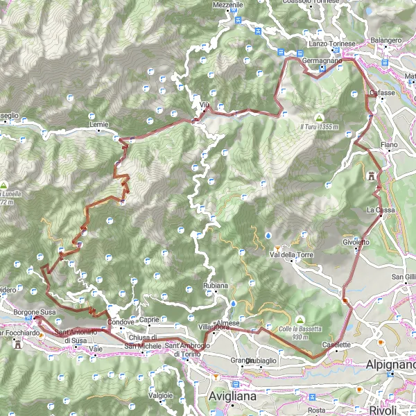Miniatura della mappa di ispirazione al ciclismo "Gravel di Rocca Lusoira e Monte Murai" nella regione di Piemonte, Italy. Generata da Tarmacs.app, pianificatore di rotte ciclistiche