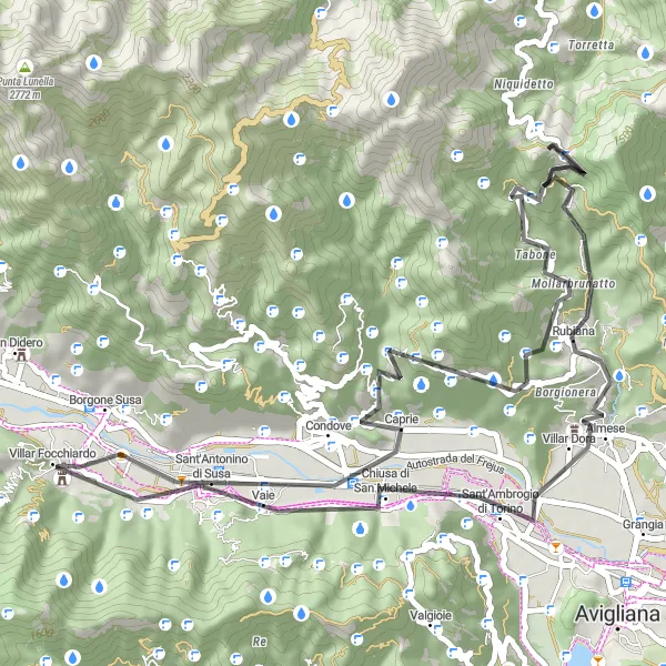 Miniatua del mapa de inspiración ciclista "Ruta de Ciclismo de Camino desde Villar Focchiardo" en Piemonte, Italy. Generado por Tarmacs.app planificador de rutas ciclistas