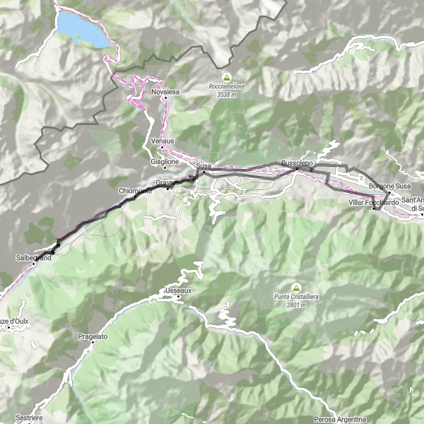 Kartminiatyr av "Road Cycling Tour från Villar Focchiardo" cykelinspiration i Piemonte, Italy. Genererad av Tarmacs.app cykelruttplanerare