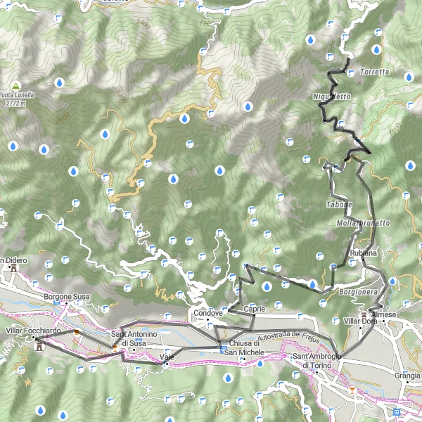Miniatura della mappa di ispirazione al ciclismo "Giro delle Valli Piemontesi da Villar Focchiardo" nella regione di Piemonte, Italy. Generata da Tarmacs.app, pianificatore di rotte ciclistiche