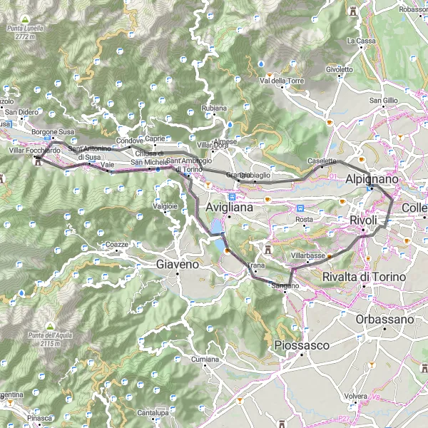 Zemljevid v pomanjšavi "Kolesarska pot z zanimivimi točkami v bližini Villar Focchiardo" kolesarske inspiracije v Piemonte, Italy. Generirano z načrtovalcem kolesarskih poti Tarmacs.app