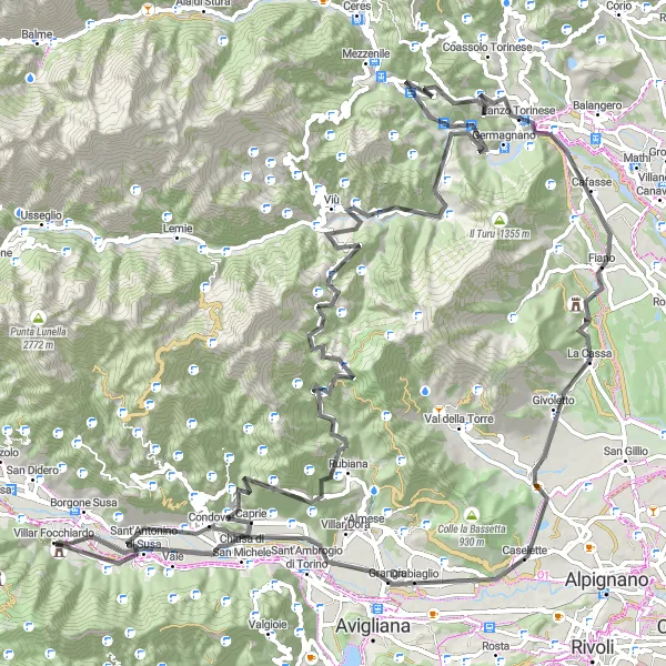 Miniature de la carte de l'inspiration cycliste "Parcours épique de 122 km près de Villar Focchiardo" dans la Piemonte, Italy. Générée par le planificateur d'itinéraire cycliste Tarmacs.app