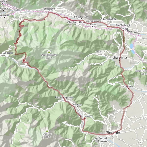 Miniaturekort af cykelinspirationen "Gruset cykelrute gennem Piemonte bjergene" i Piemonte, Italy. Genereret af Tarmacs.app cykelruteplanlægger