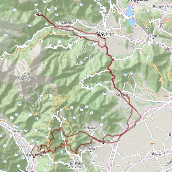Miniatua del mapa de inspiración ciclista "Recorrido en bicicleta de grava a través de Colletta di Cumiana y Coazze" en Piemonte, Italy. Generado por Tarmacs.app planificador de rutas ciclistas