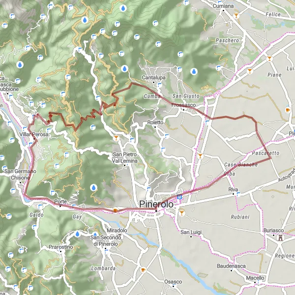 Miniatua del mapa de inspiración ciclista "Ruta de ciclismo de grava de 42 km cerca de Villar Perosa" en Piemonte, Italy. Generado por Tarmacs.app planificador de rutas ciclistas