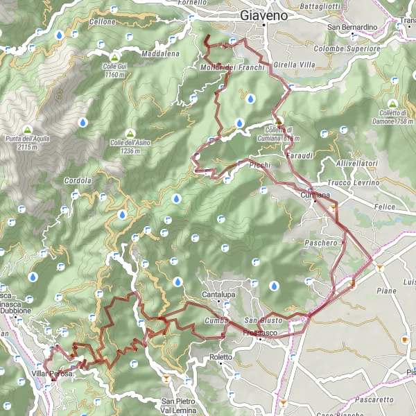 Miniatua del mapa de inspiración ciclista "Ruta de ciclismo de grava de 79 km cerca de Villar Perosa" en Piemonte, Italy. Generado por Tarmacs.app planificador de rutas ciclistas