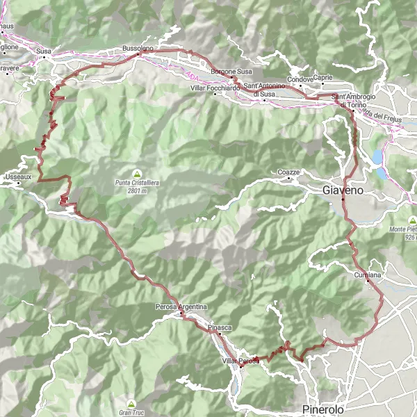 Miniatua del mapa de inspiración ciclista "Ruta circular de ciclismo de grava desde Villar Perosa a Frossasco" en Piemonte, Italy. Generado por Tarmacs.app planificador de rutas ciclistas