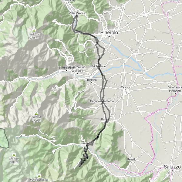 Miniatua del mapa de inspiración ciclista "Ruta de ciclismo de carretera a través de Porte y Bagnolo Piemonte" en Piemonte, Italy. Generado por Tarmacs.app planificador de rutas ciclistas