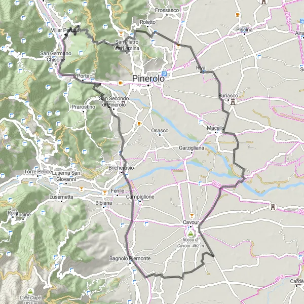 Miniatua del mapa de inspiración ciclista "Ruta de ciclismo de carretera a Villar Perosa y Bricherasio" en Piemonte, Italy. Generado por Tarmacs.app planificador de rutas ciclistas