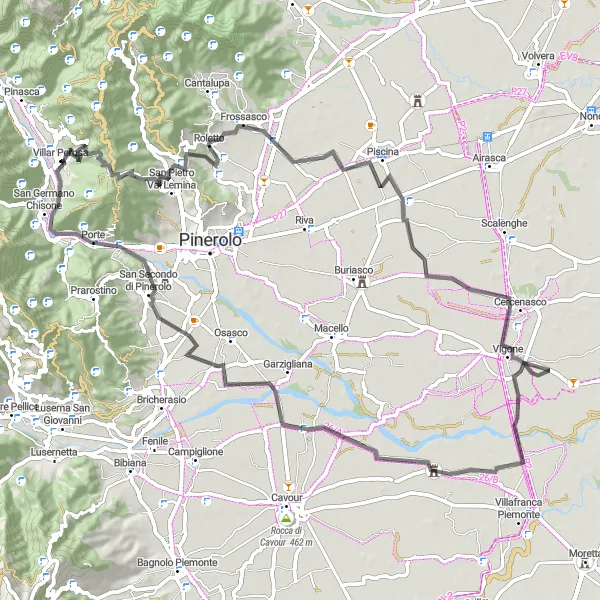 Miniatua del mapa de inspiración ciclista "Ruta de ciclismo de carretera de 76 km cerca de Villar Perosa" en Piemonte, Italy. Generado por Tarmacs.app planificador de rutas ciclistas