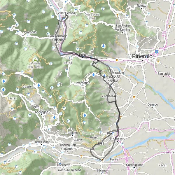 Miniatua del mapa de inspiración ciclista "Ruta de ciclismo de carretera de 40 km cerca de Villar Perosa" en Piemonte, Italy. Generado por Tarmacs.app planificador de rutas ciclistas