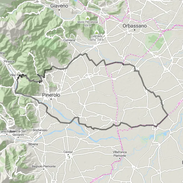 Miniaturekort af cykelinspirationen "Road route fra Villar Perosa" i Piemonte, Italy. Genereret af Tarmacs.app cykelruteplanlægger