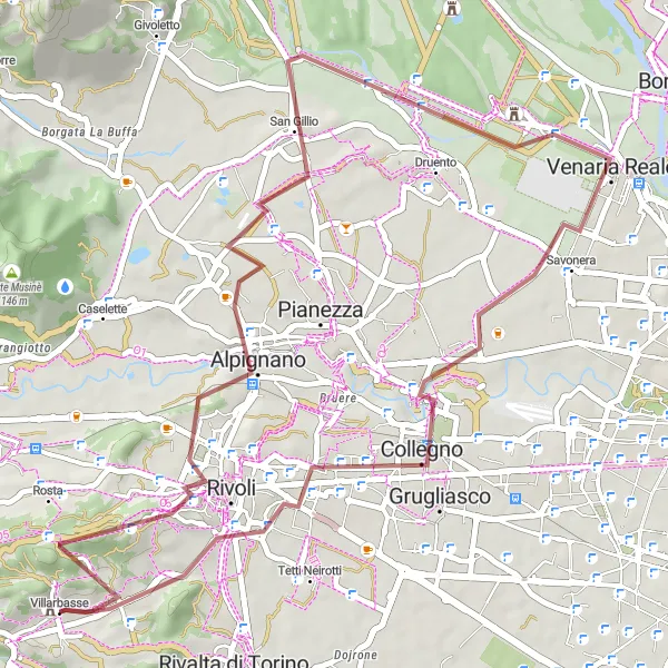 Miniatuurkaart van de fietsinspiratie "Vanuit Villarbasse naar Reggia di Venaria" in Piemonte, Italy. Gemaakt door de Tarmacs.app fietsrouteplanner