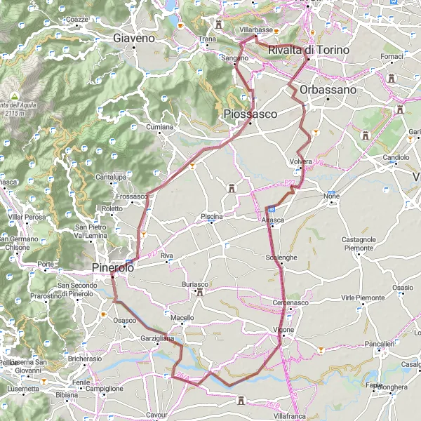 Karten-Miniaturansicht der Radinspiration "Historische Tour von Villarbasse nach Pinerolo" in Piemonte, Italy. Erstellt vom Tarmacs.app-Routenplaner für Radtouren