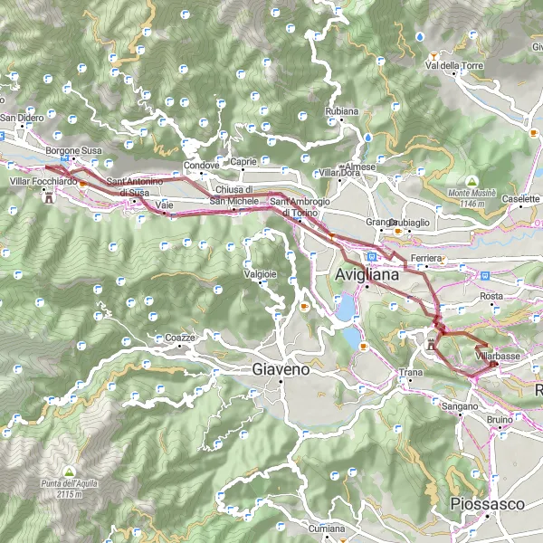 Zemljevid v pomanjšavi "Gorska kolesarska pot do Sant'Ambrogio di Torino" kolesarske inspiracije v Piemonte, Italy. Generirano z načrtovalcem kolesarskih poti Tarmacs.app