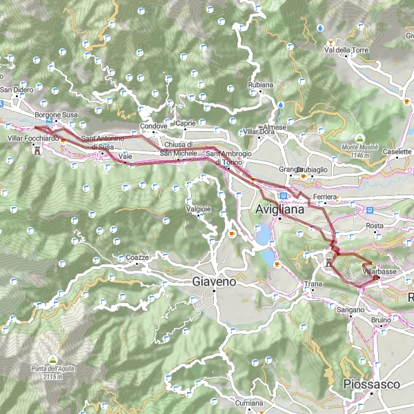 Miniatuurkaart van de fietsinspiratie "Reano naar Villarbasse Avontuur" in Piemonte, Italy. Gemaakt door de Tarmacs.app fietsrouteplanner