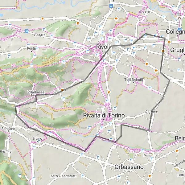 Zemljevid v pomanjšavi "Kolesarska pot okoli Villarbassee" kolesarske inspiracije v Piemonte, Italy. Generirano z načrtovalcem kolesarskih poti Tarmacs.app