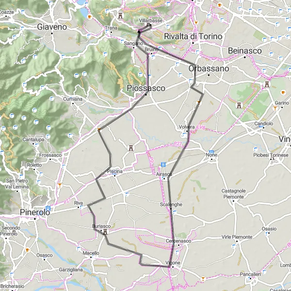 Map miniature of "Discovering Piemonte's Scenic Roads" cycling inspiration in Piemonte, Italy. Generated by Tarmacs.app cycling route planner