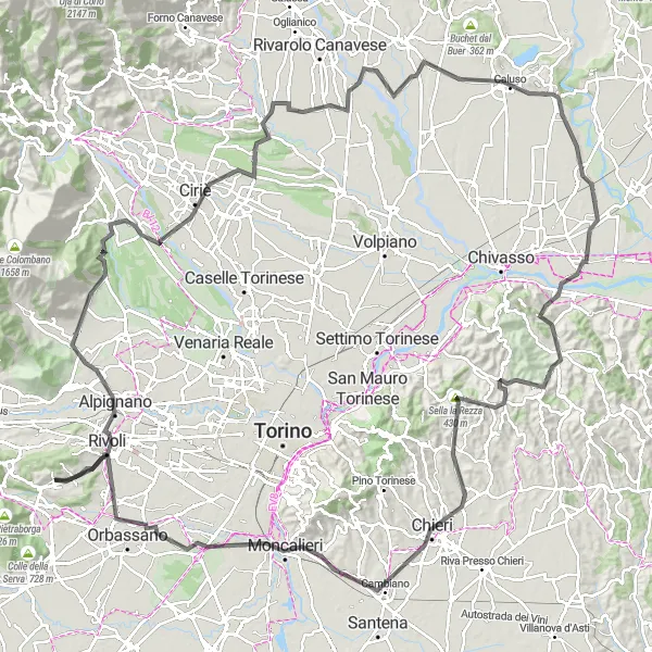 Miniature de la carte de l'inspiration cycliste "Exploration de Moncalieri et ses environs" dans la Piemonte, Italy. Générée par le planificateur d'itinéraire cycliste Tarmacs.app