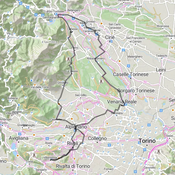 Miniature de la carte de l'inspiration cycliste "Boucle entre Villarbasse et Rivoli" dans la Piemonte, Italy. Générée par le planificateur d'itinéraire cycliste Tarmacs.app